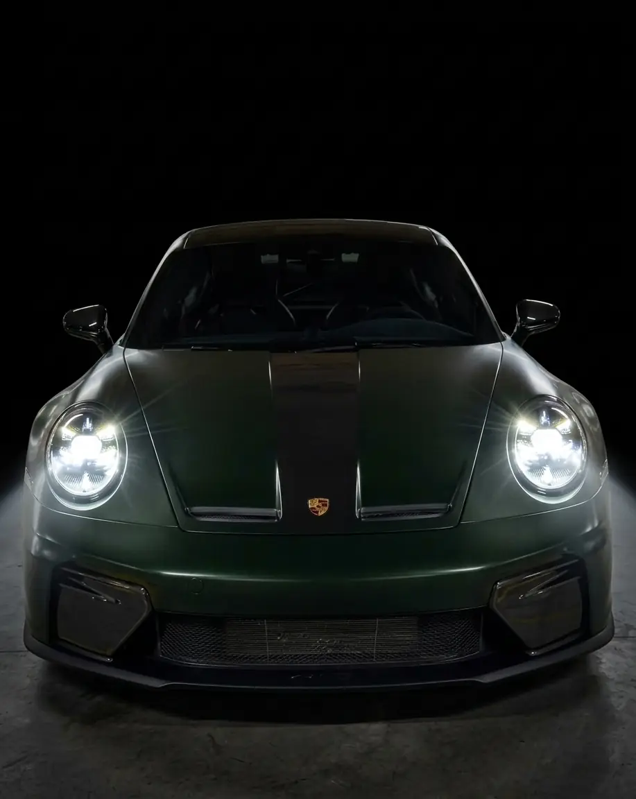 Porsche 911 verde de frente, com os faróis acesos